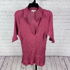 Vince Elbow Sleeve Polo in Peony Wood Pink Lightweight Ribbed Size XL